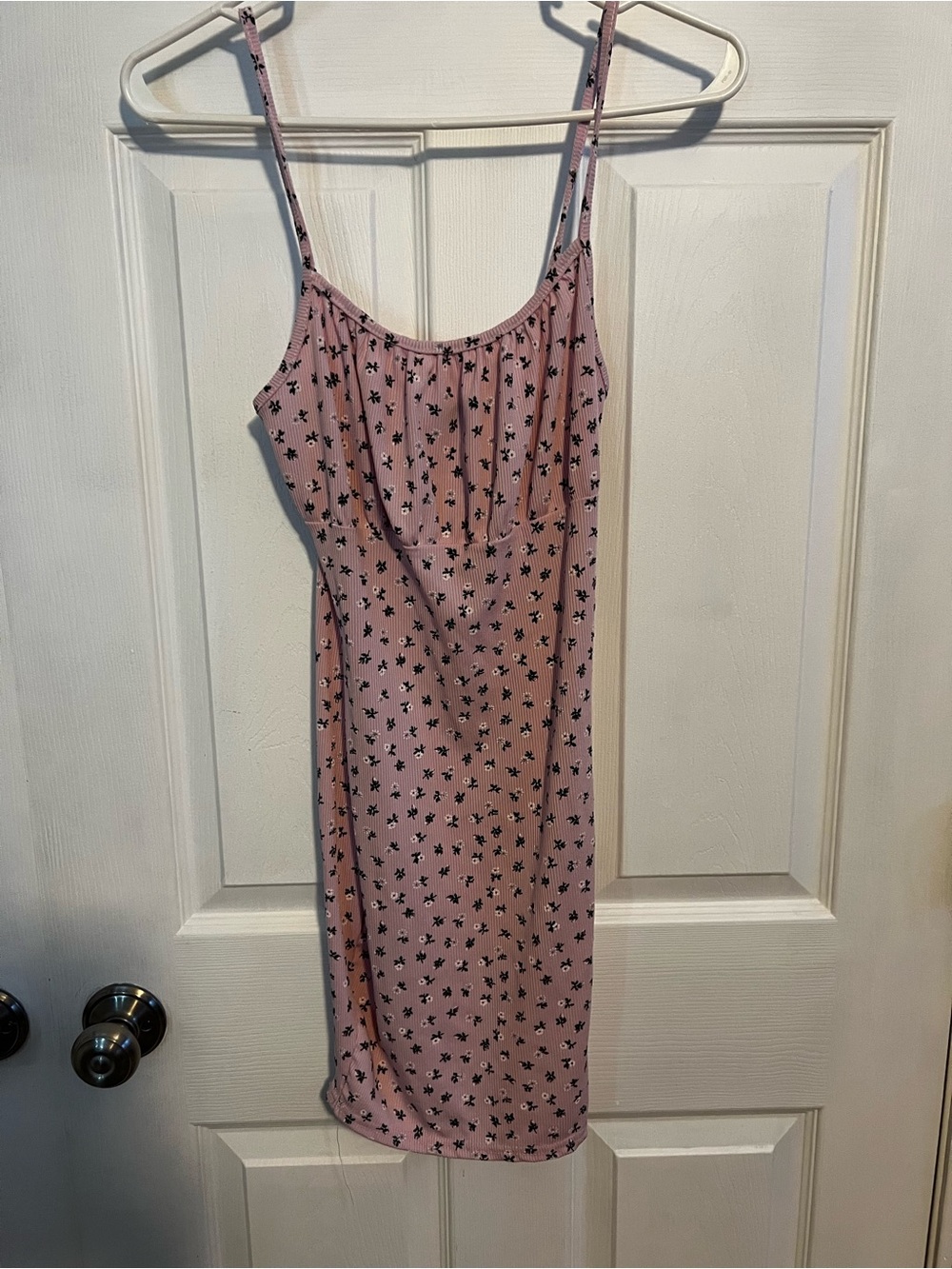 Boohoo Light Pink Ribbed Mini Dress with Black Floral Print